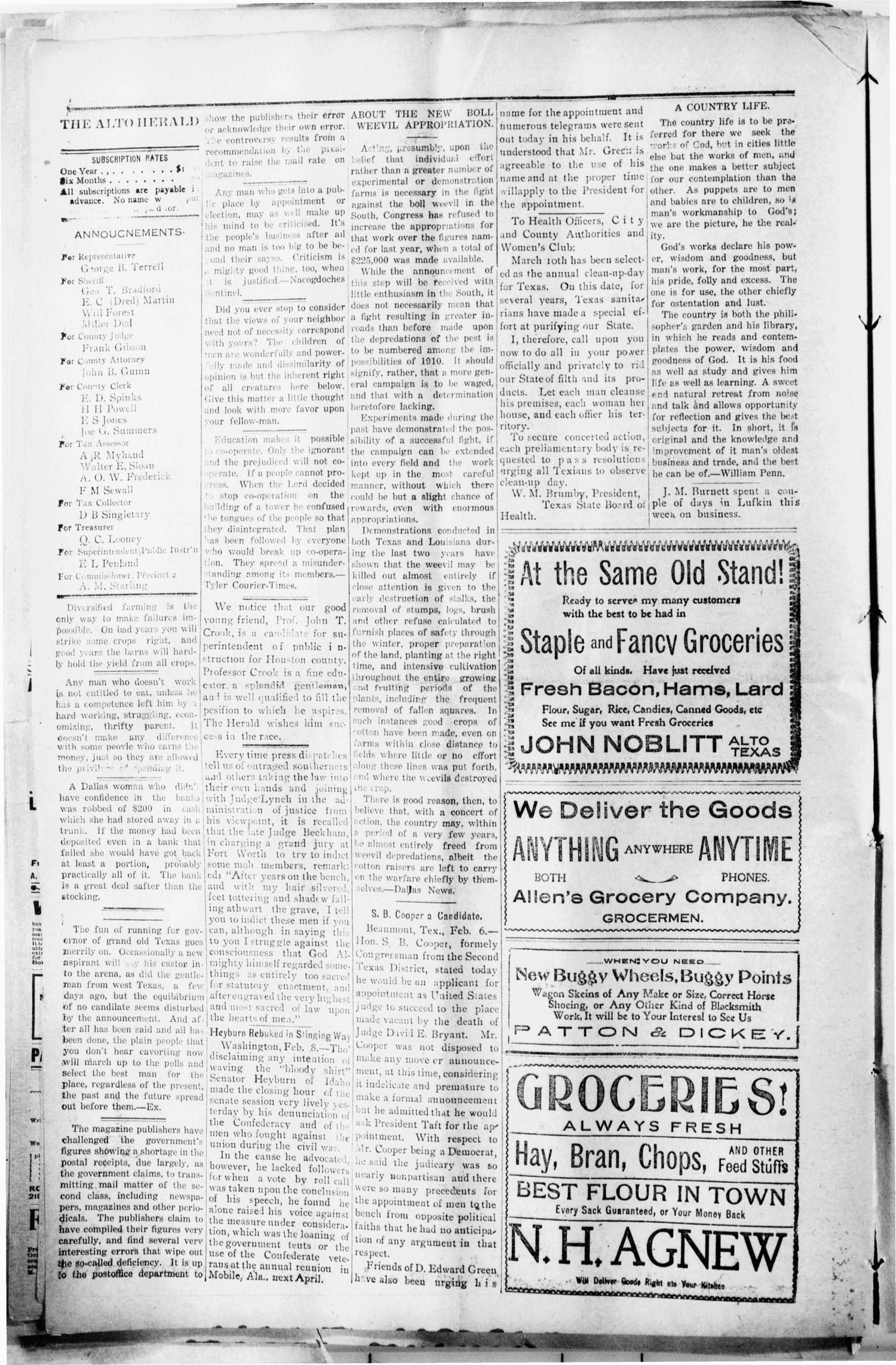 The Alto Herald (Alto, Tex.), Vol. 10, No. 10, Ed. 1 Friday, February 11, 1910
                                                
                                                    [Sequence #]: 4 of 8
                                                