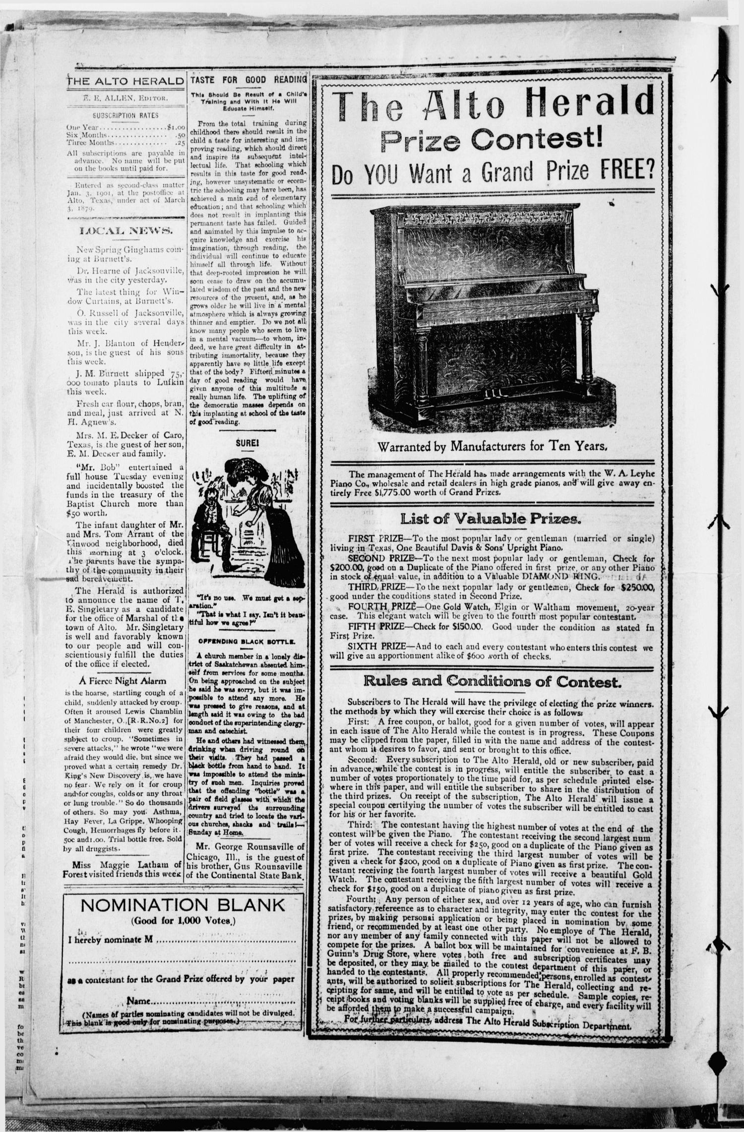 The Alto Herald (Alto, Tex.), Vol. 11, No. 14, Ed. 1 Thursday, March 9, 1911
                                                
                                                    [Sequence #]: 4 of 10
                                                