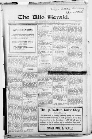 Primary view of object titled 'The Alto Herald (Alto, Tex.), Vol. 12, No. 21, Ed. 1 Thursday, April 18, 1912'.