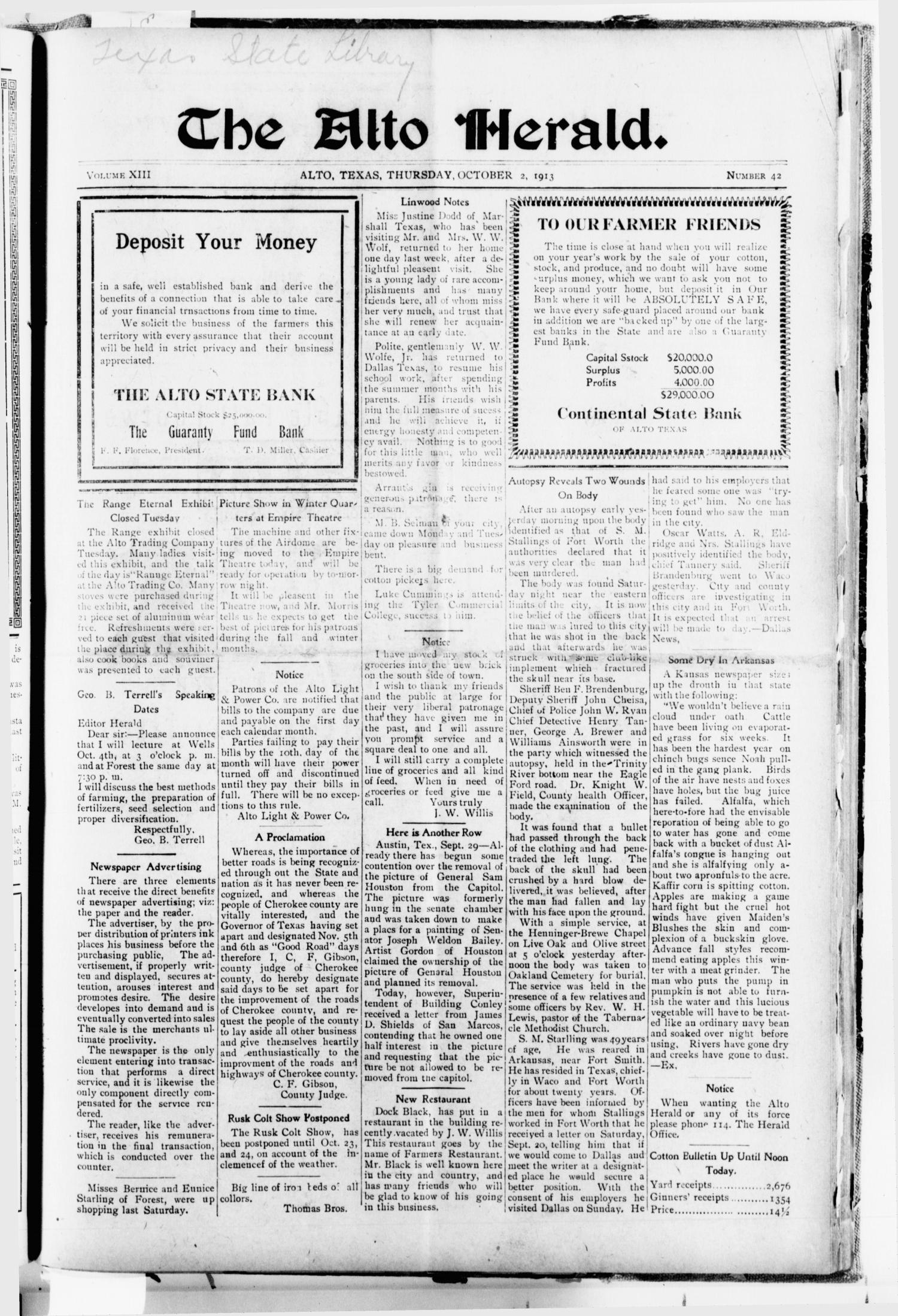The Alto Herald (Alto, Tex.), Vol. 13, No. 42, Ed. 1 Thursday, October 2, 1913
                                                
                                                    [Sequence #]: 1 of 10
                                                