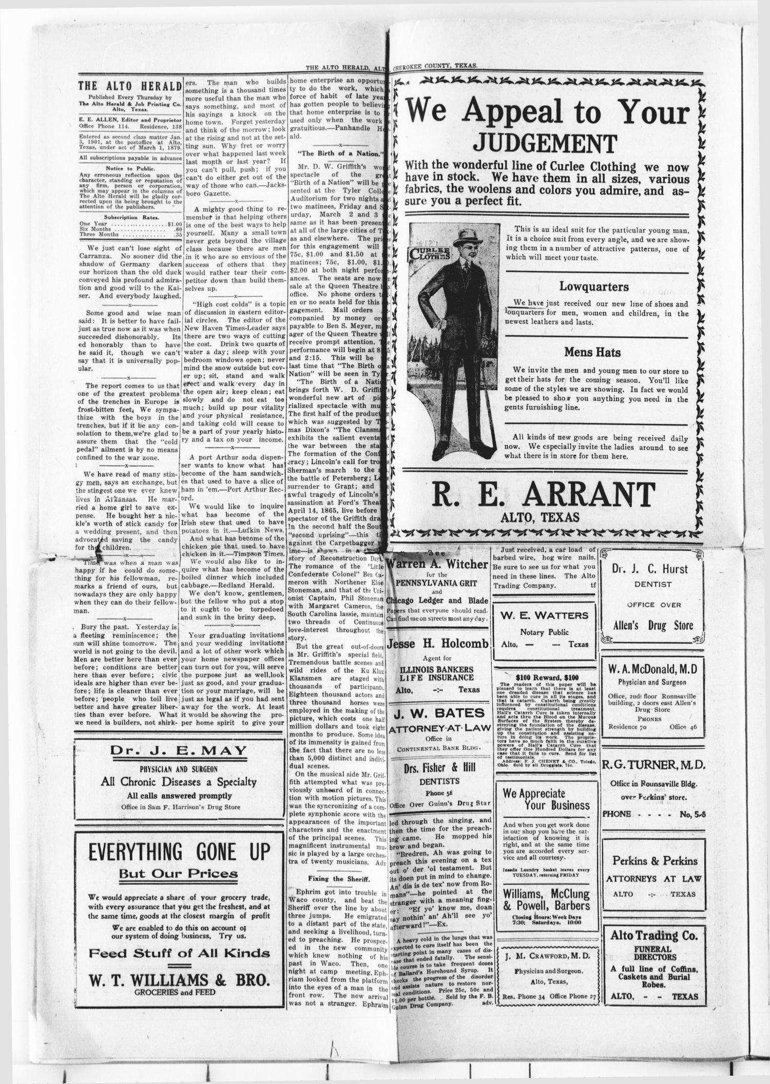 The Alto Herald (Alto, Tex.), Vol. 17, No. 10, Ed. 1 Thursday, February 22, 1917
                                                
                                                    [Sequence #]: 4 of 8
                                                
