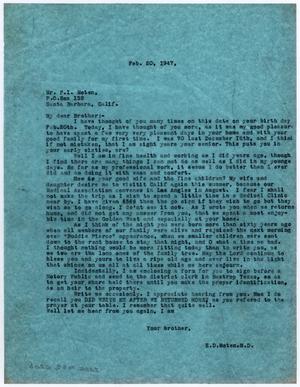 Primary view of object titled '[Letter from Dr. Edwin D. Moten to Pierce I. Moten, February 20, 1947]'.