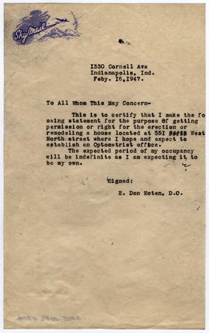 Primary view of object titled '[Letter from E. Don Moten to Whom It May Concern, on February 16, 1947]'.