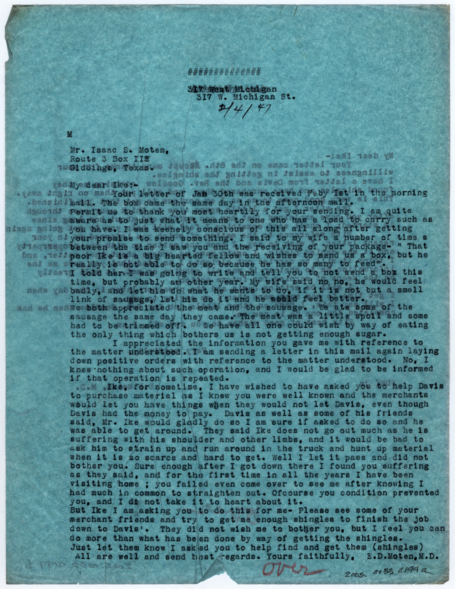 [Two Letters from Dr. Edwin D. Moten to Ike S. Moten, February 4 & 12, 1947]
                                                
                                                    [Sequence #]: 1 of 2
                                                