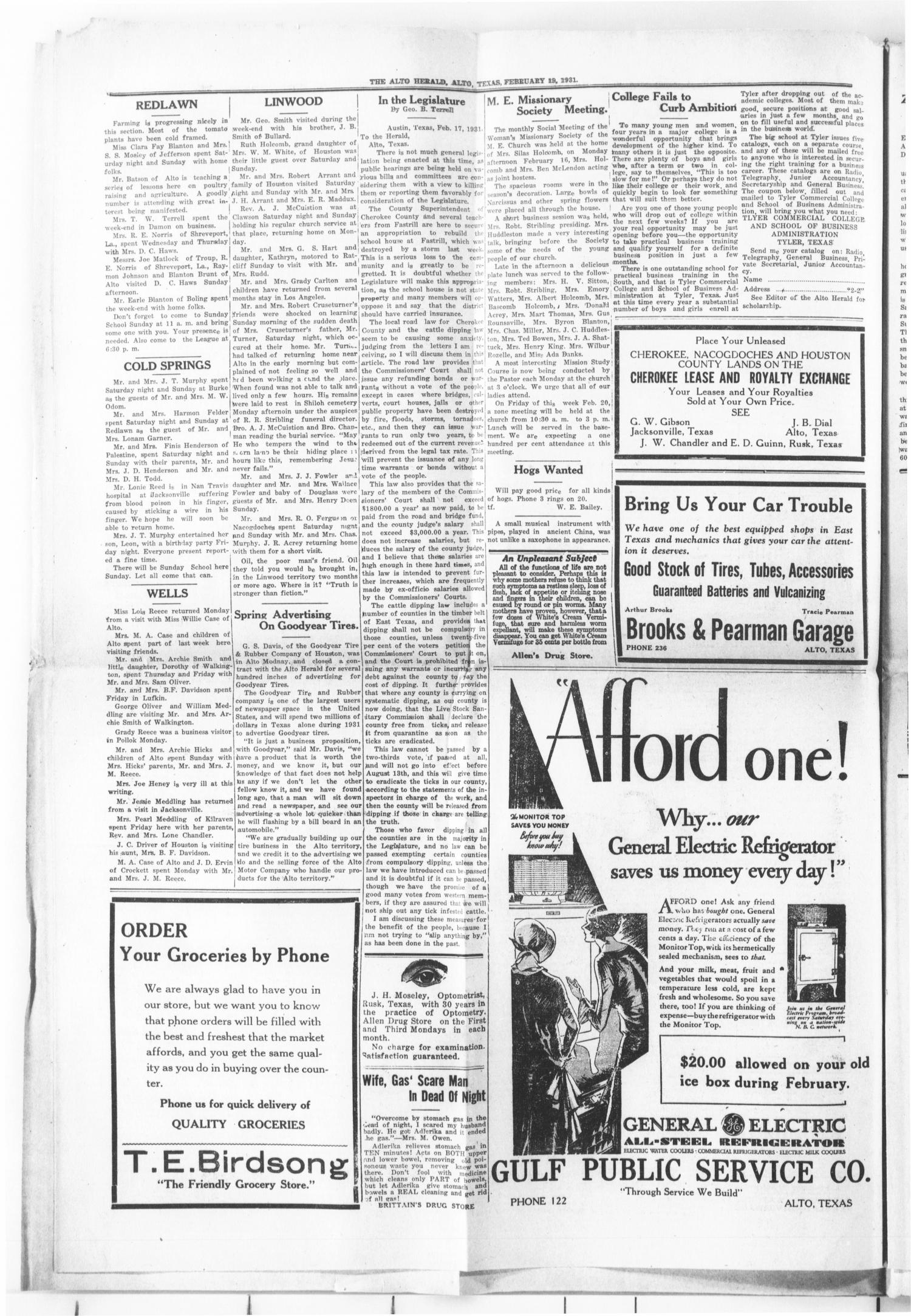 The Alto Herald (Alto, Tex.), Vol. 30, No. 42, Ed. 1 Thursday, February 19, 1931
                                                
                                                    [Sequence #]: 4 of 8
                                                