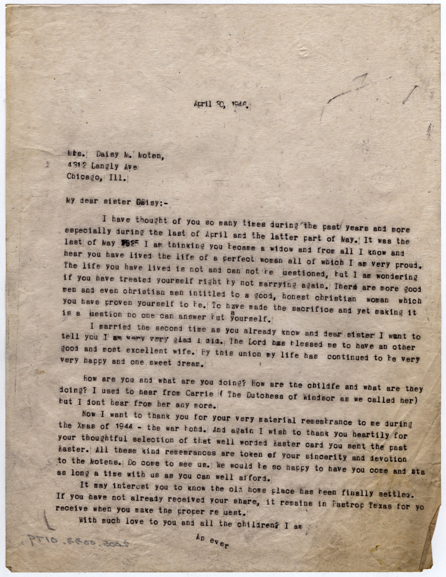 [Letter from Dr. Edwin D. Moten to Daisy M. Moten, April 30, 1946]
                                                
                                                    [Sequence #]: 1 of 1
                                                