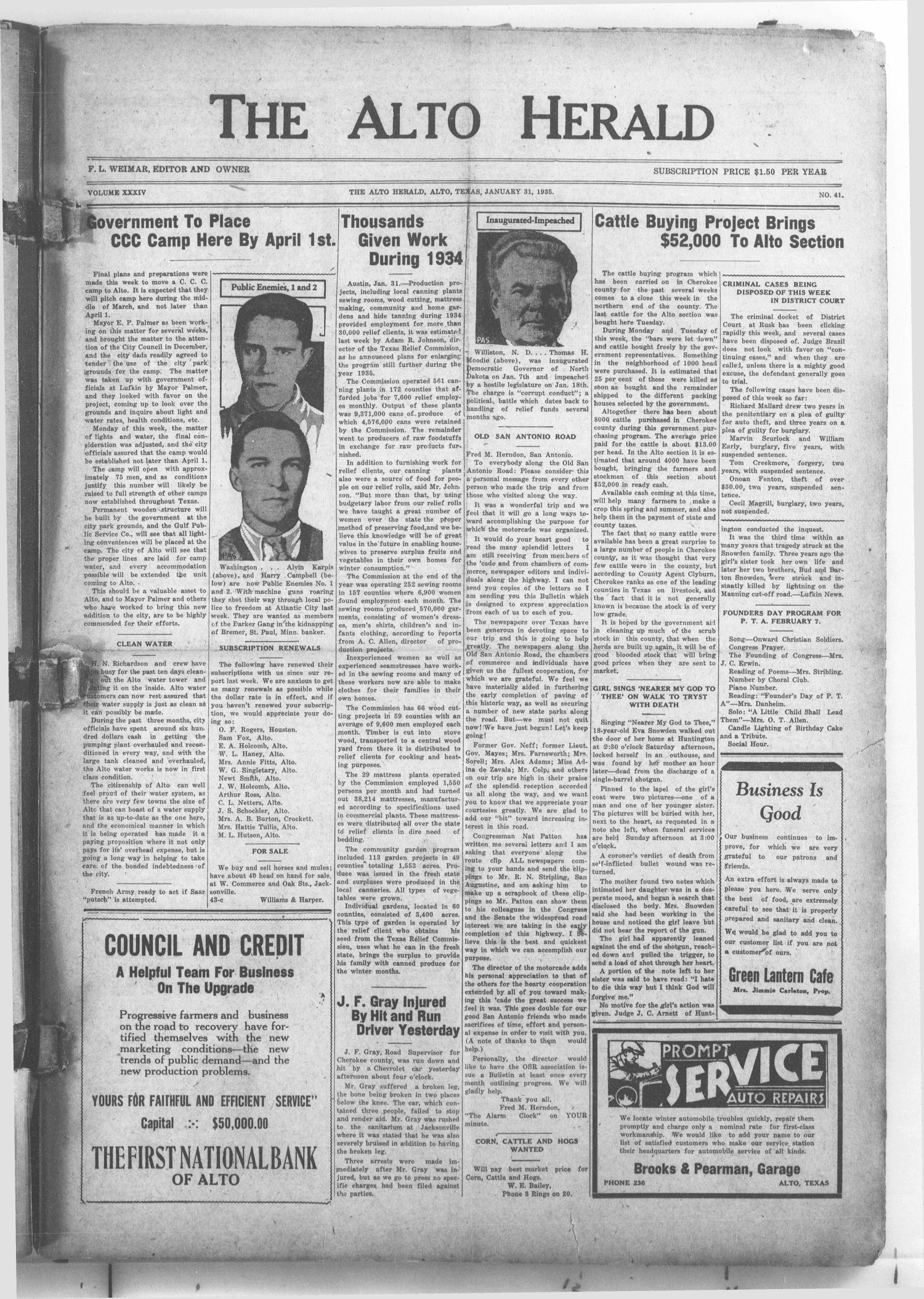 The Alto Herald (Alto, Tex.), Vol. 34, No. 41, Ed. 1 Thursday, January 31, 1935
                                                
                                                    [Sequence #]: 1 of 4
                                                