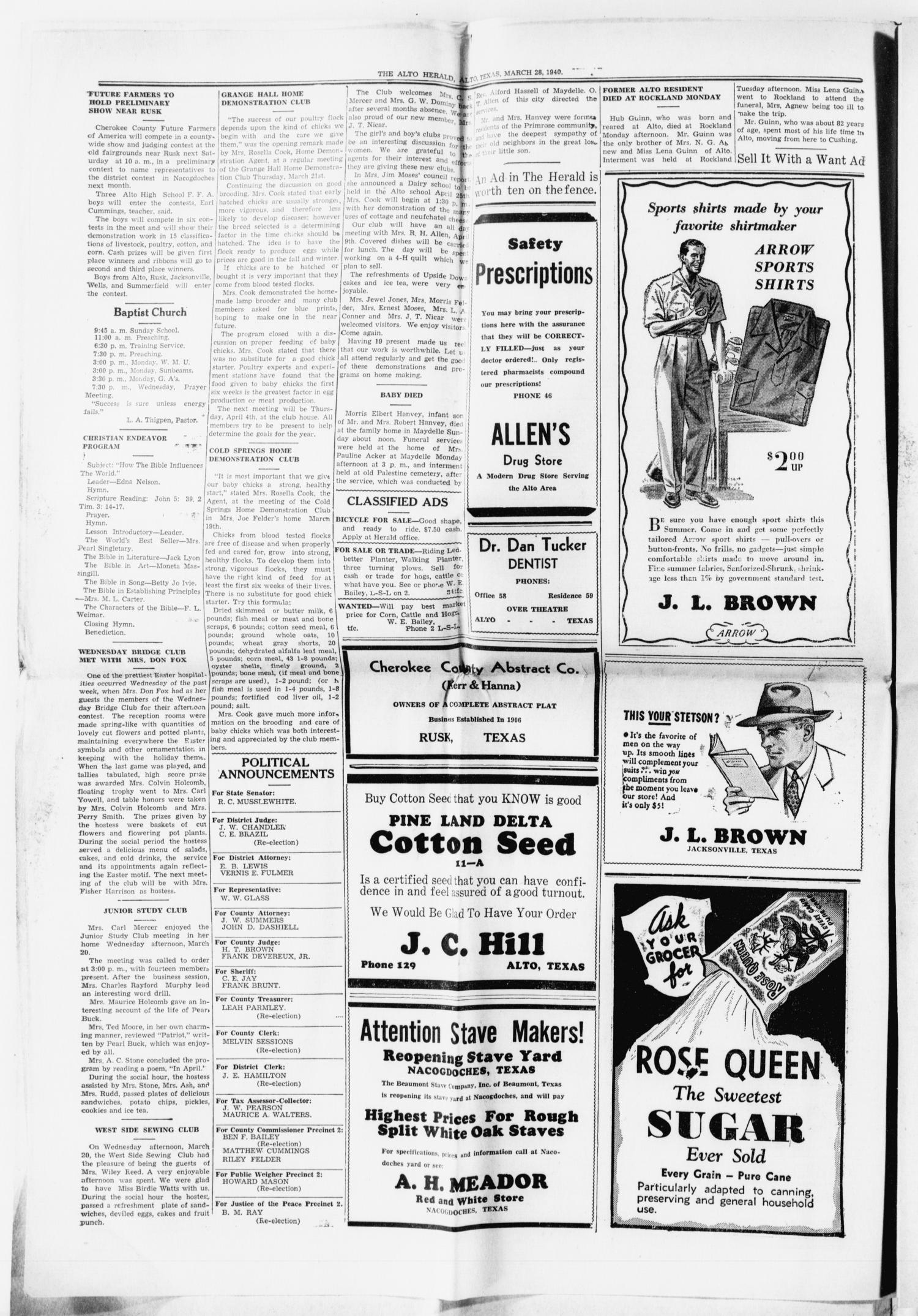 The Alto Herald (Alto, Tex.), Vol. 39, No. 47, Ed. 1 Thursday, March 28, 1940
                                                
                                                    [Sequence #]: 4 of 10
                                                