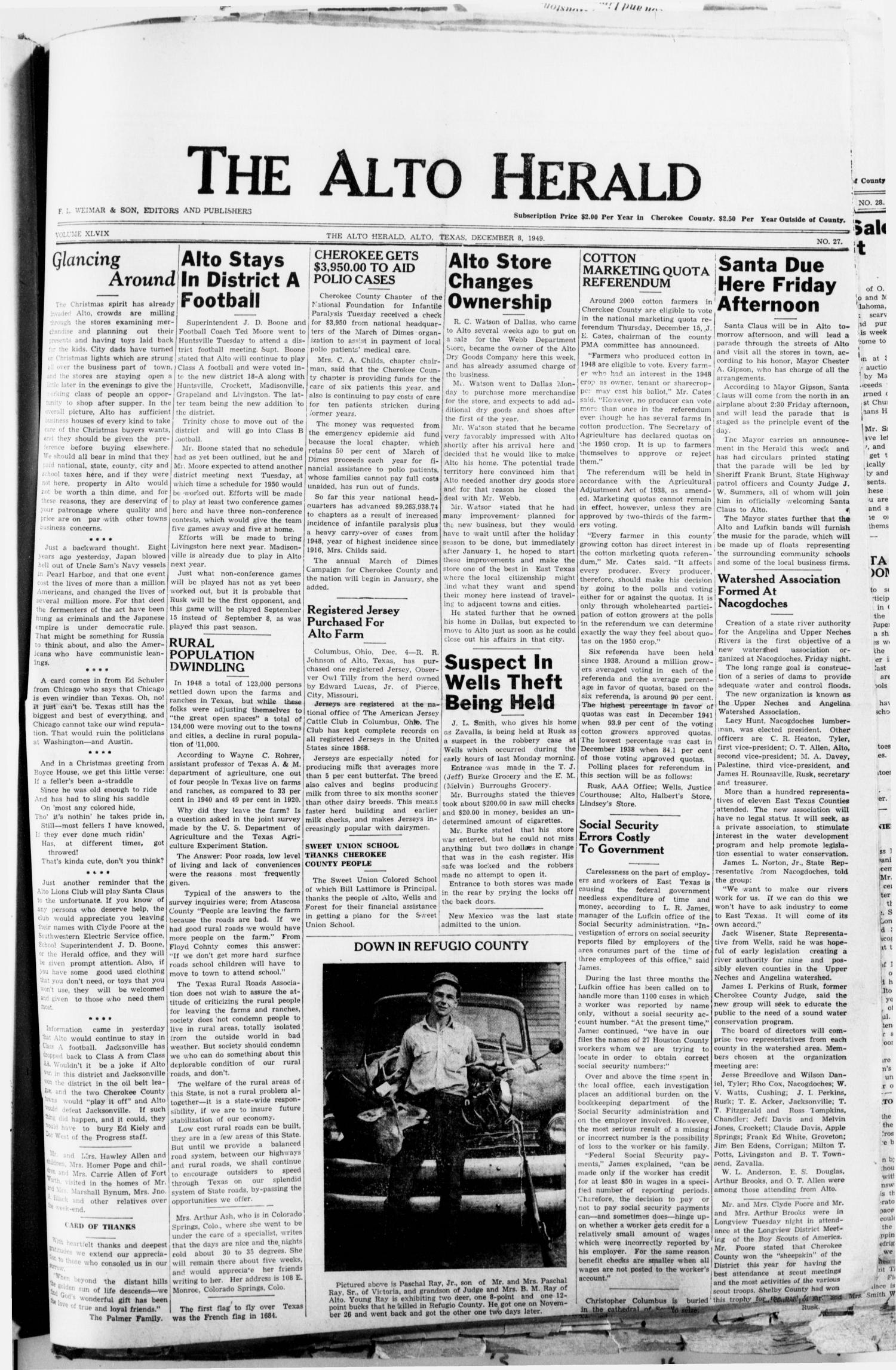 The Alto Herald (Alto, Tex.), Vol. 49, No. 27, Ed. 1 Thursday, December 8, 1949
                                                
                                                    [Sequence #]: 1 of 14
                                                