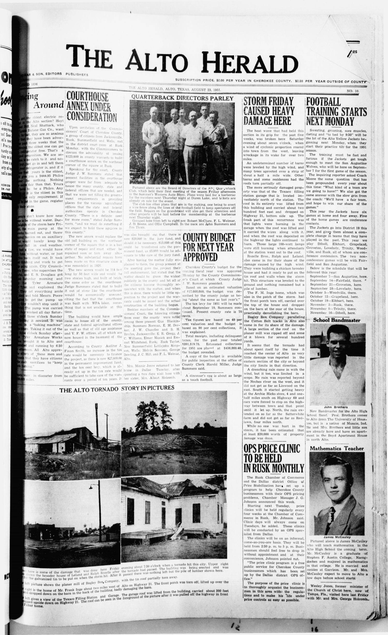 The Alto Herald (Alto, Tex.), No. 10, Ed. 1 Thursday, August 23, 1951
                                                
                                                    [Sequence #]: 1 of 12
                                                