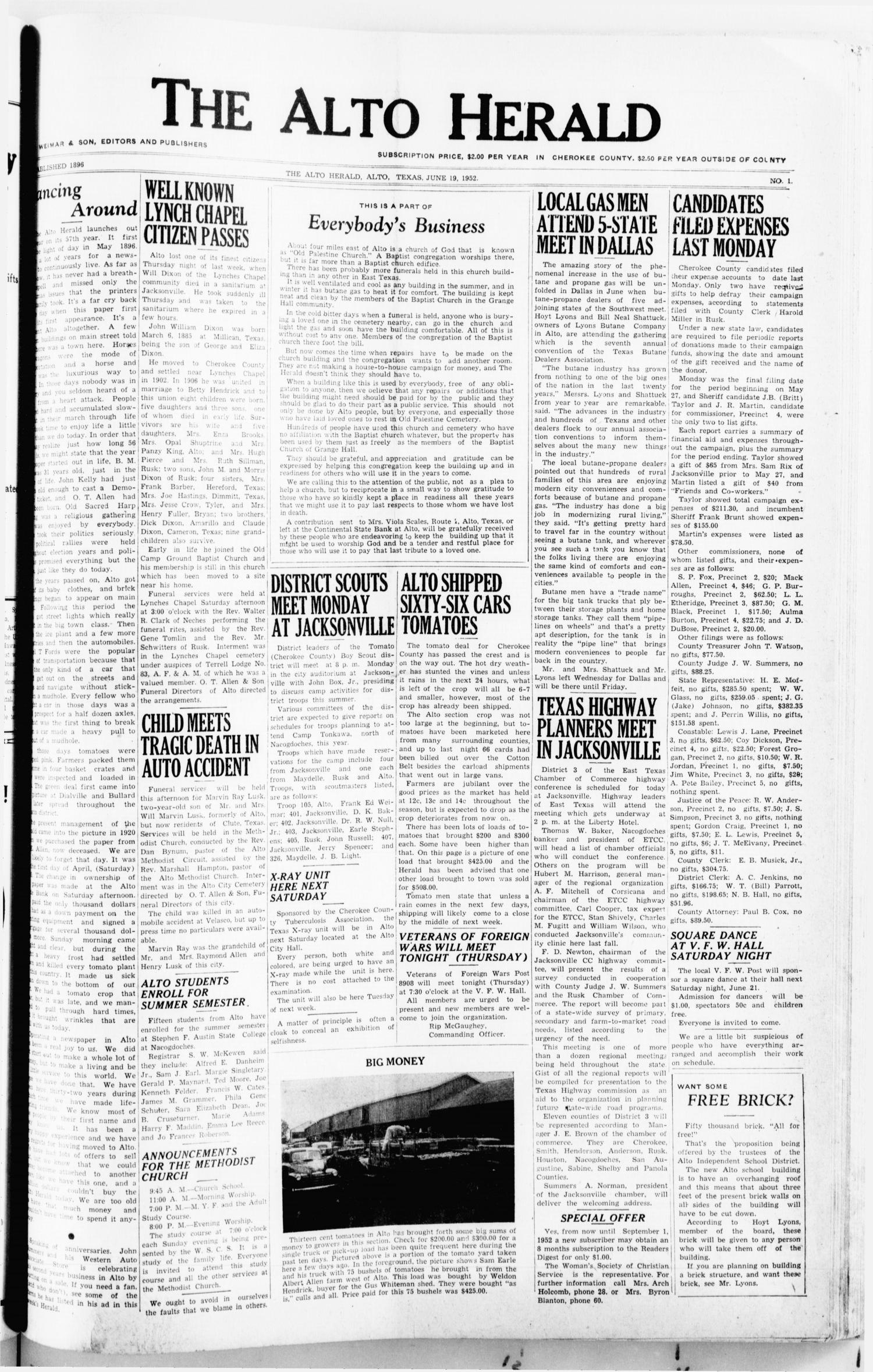 The Alto Herald (Alto, Tex.), No. 1, Ed. 1 Thursday, June 19, 1952
                                                
                                                    [Sequence #]: 1 of 12
                                                