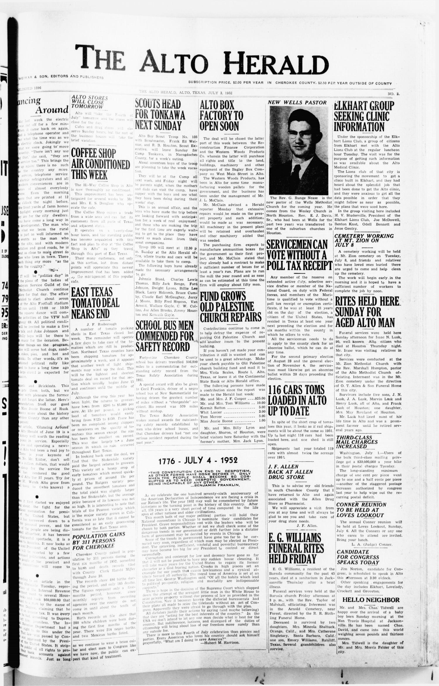 The Alto Herald (Alto, Tex.), No. 3, Ed. 1 Thursday, July 3, 1952
                                                
                                                    [Sequence #]: 1 of 10
                                                