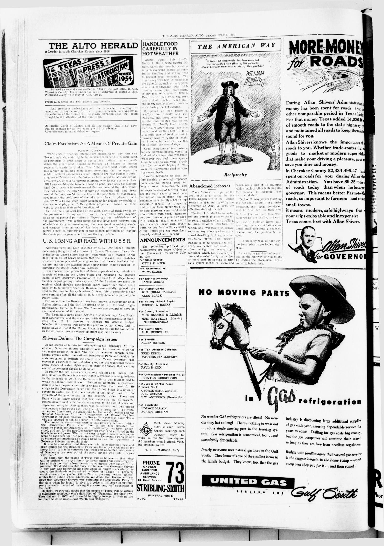 The Alto Herald (Alto, Tex.), No. 4, Ed. 1 Thursday, July 8, 1954
                                                
                                                    [Sequence #]: 2 of 8
                                                