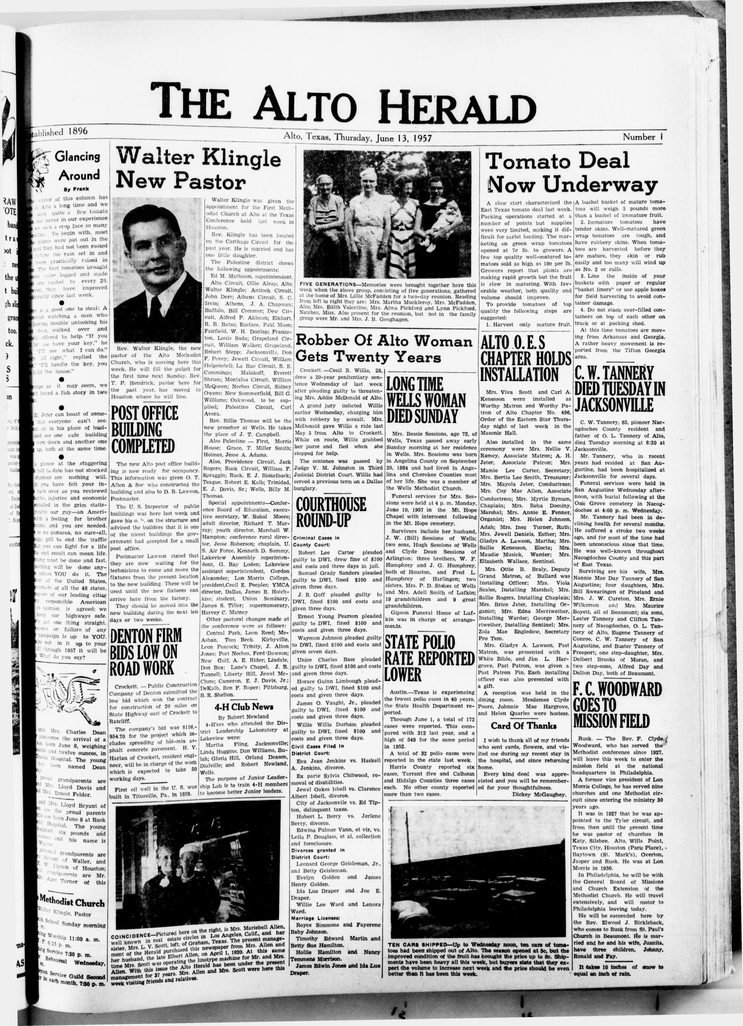 The Alto Herald (Alto, Tex.), No. 1, Ed. 1 Thursday, June 13, 1957
                                                
                                                    [Sequence #]: 1 of 8
                                                