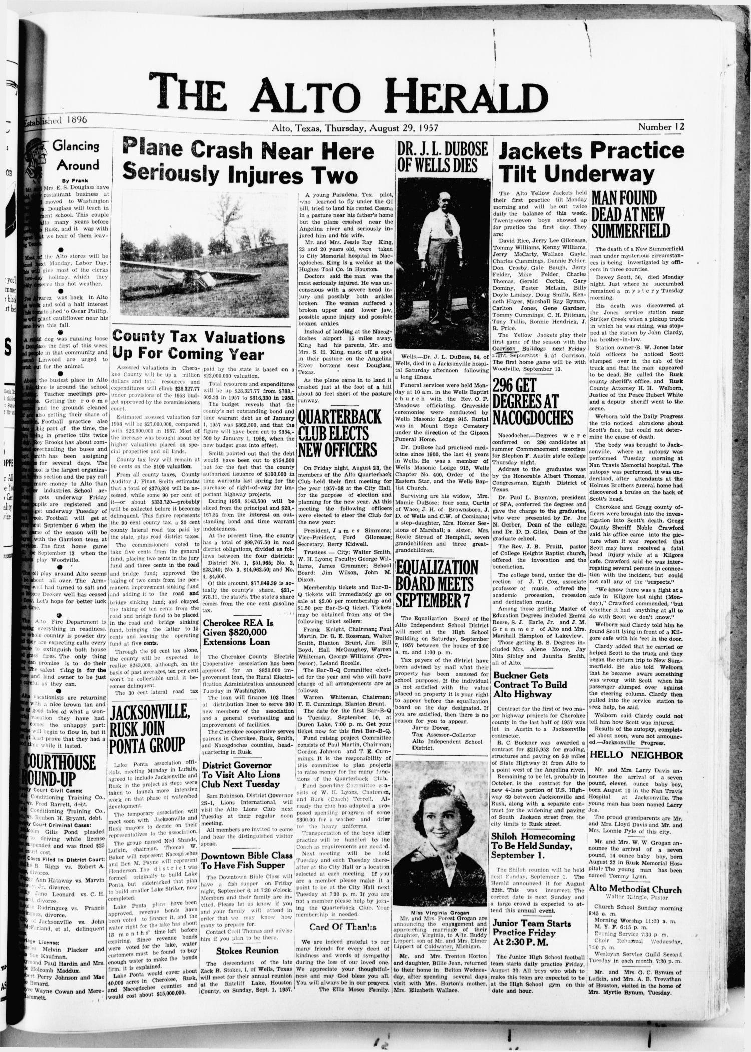 The Alto Herald (Alto, Tex.), No. 12, Ed. 1 Thursday, August 29, 1957
                                                
                                                    [Sequence #]: 1 of 8
                                                