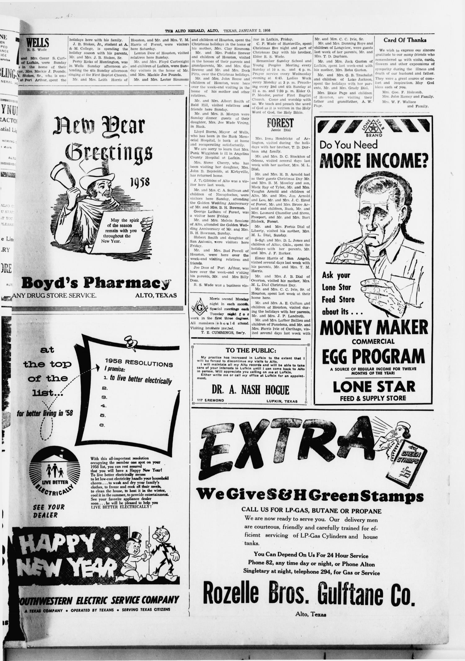 The Alto Herald (Alto, Tex.), No. 30, Ed. 1 Thursday, January 2, 1958
                                                
                                                    [Sequence #]: 3 of 4
                                                