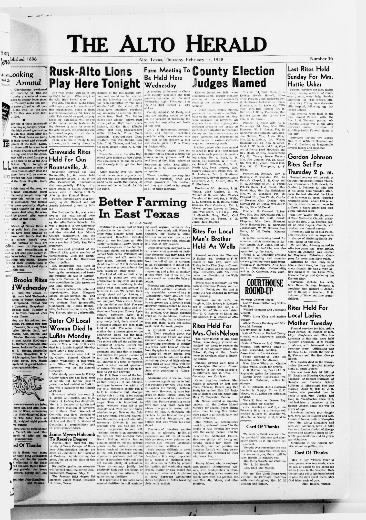 The Alto Herald (Alto, Tex.), No. 36, Ed. 1 Thursday, February 13, 1958
                                                
                                                    [Sequence #]: 1 of 8
                                                
