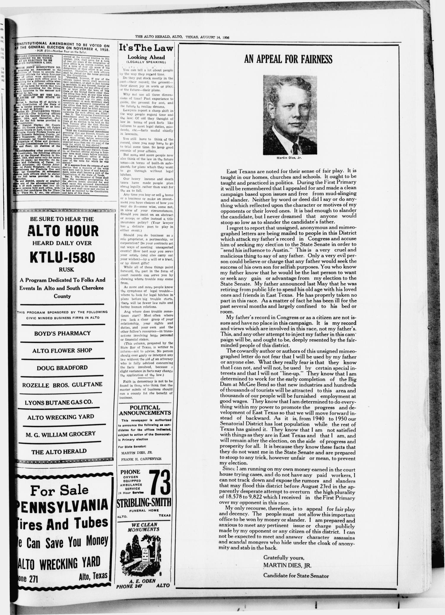 The Alto Herald (Alto, Tex.), No. 10, Ed. 1 Thursday, August 14, 1958
                                                
                                                    [Sequence #]: 3 of 6
                                                