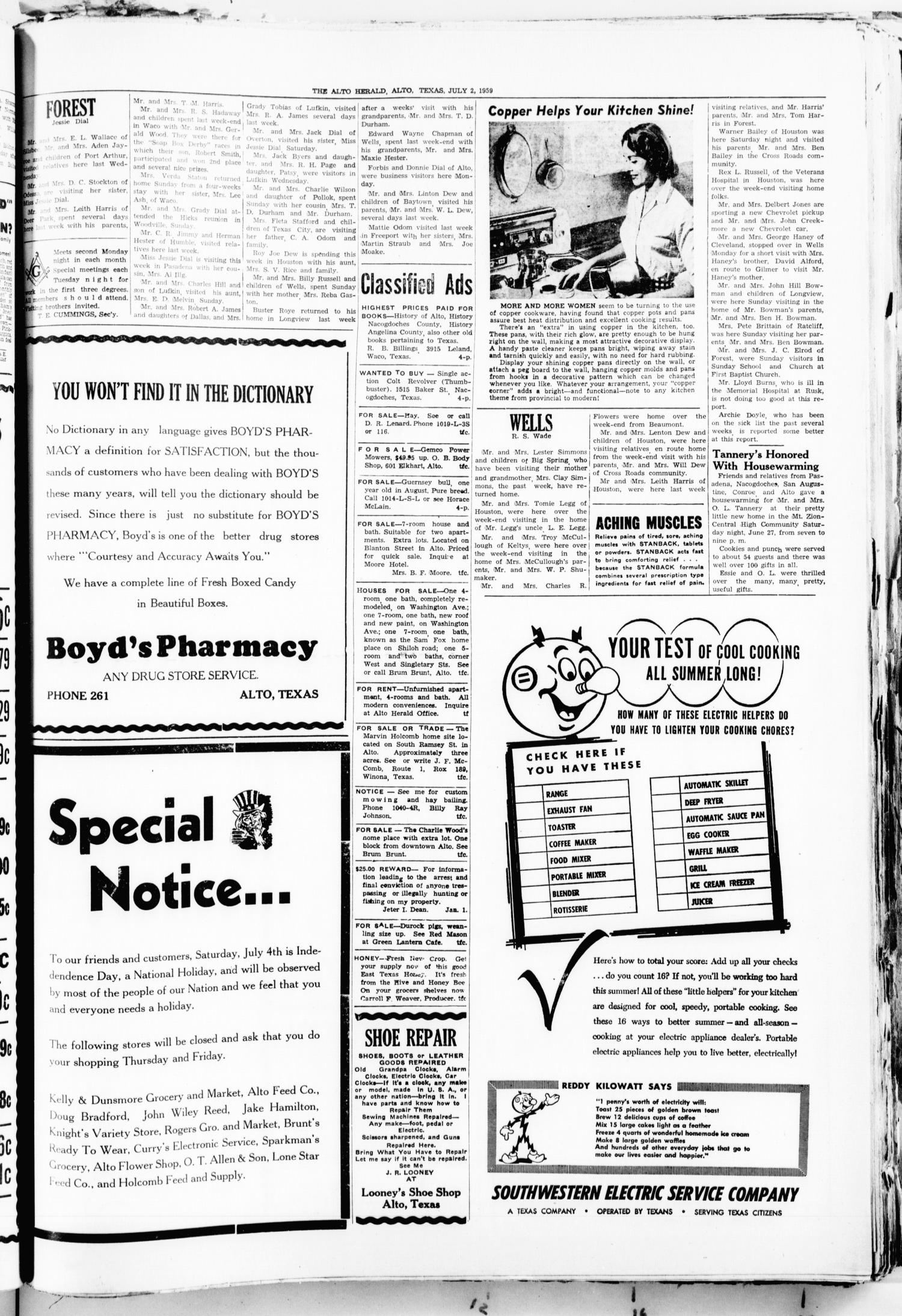 The Alto Herald (Alto, Tex.), No. 4, Ed. 1 Thursday, July 2, 1959
                                                
                                                    [Sequence #]: 5 of 8
                                                