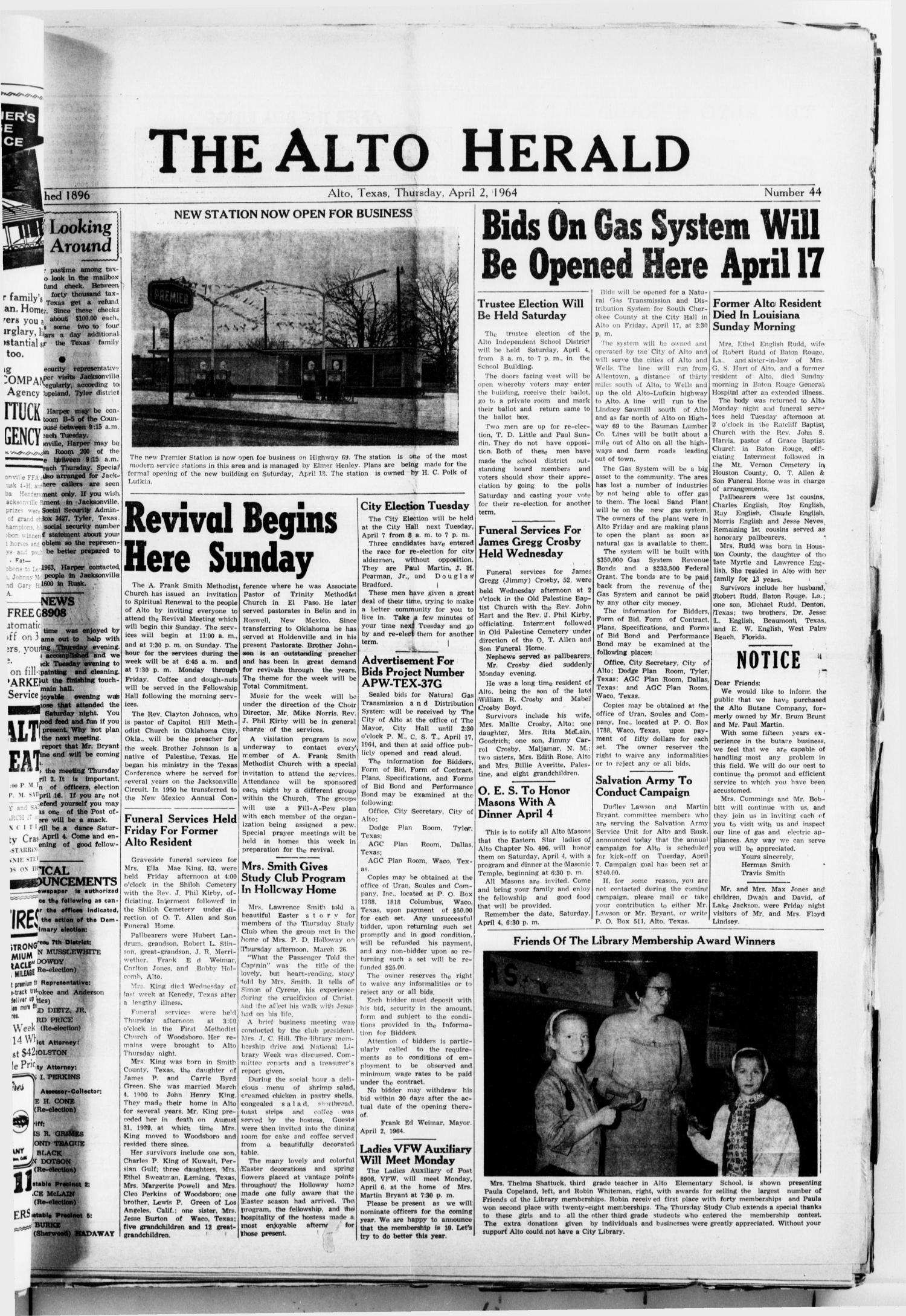 The Alto Herald (Alto, Tex.), No. 44, Ed. 1 Thursday, April 2, 1964
                                                
                                                    [Sequence #]: 1 of 8
                                                