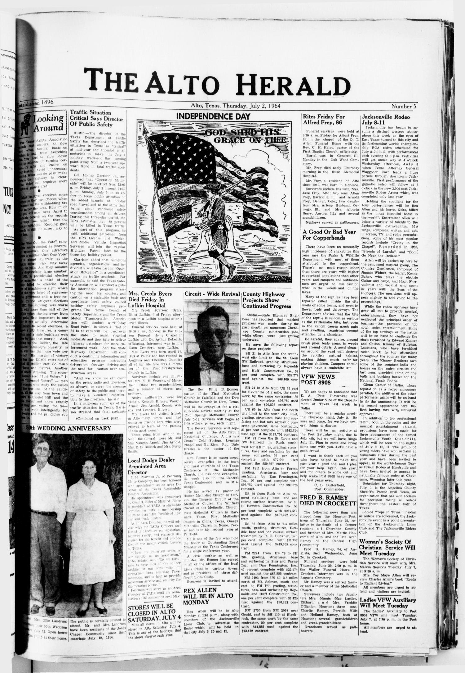 The Alto Herald (Alto, Tex.), No. 5, Ed. 1 Thursday, July 2, 1964
                                                
                                                    [Sequence #]: 1 of 8
                                                