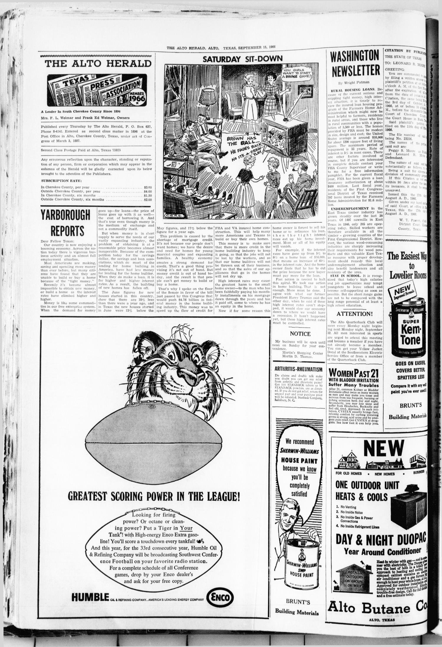 The Alto Herald (Alto, Tex.), No. 16, Ed. 1 Thursday, September 15, 1966
                                                
                                                    [Sequence #]: 2 of 8
                                                