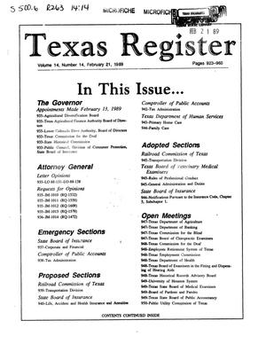 Primary view of object titled 'Texas Register, Volume 14, Number 14, Pages 923-960, February 21, 1989'.