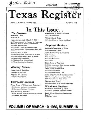 Primary view of object titled 'Texas Register, Volume 14, Number 18, Part I, Pages 1137-1275, March 10, 1989'.