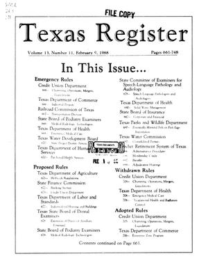 Primary view of object titled 'Texas Register, Volume 13, Number 11, Pages 661-748, February 9, 1988'.