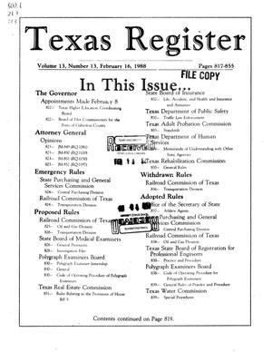 Primary view of object titled 'Texas Register, Volume 13, Number 13, Pages 817-855, February 16, 1988'.