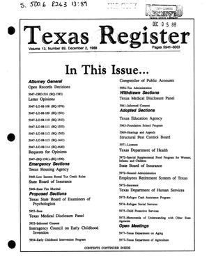 Primary view of object titled 'Texas Register, Volume 13, Number 89, Pages 5941-6003, December 2, 1988'.