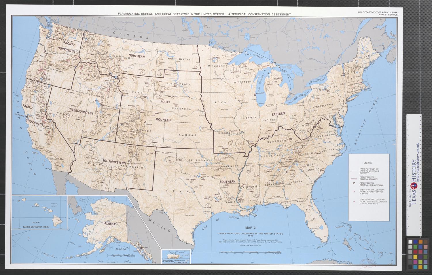 Great gray owl locations in the United States, 1993.
                                                
                                                    [Sequence #]: 1 of 2
                                                