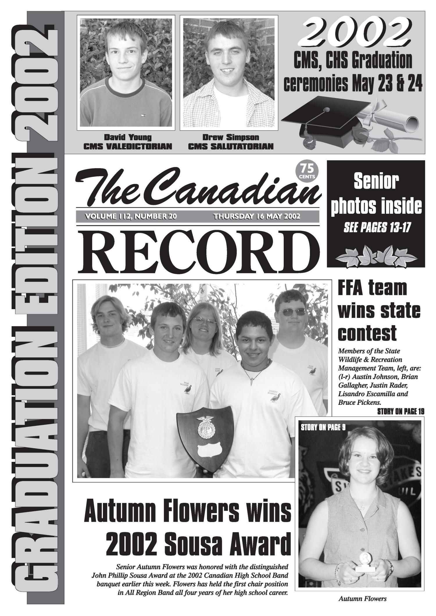 The Canadian Record (Canadian, Tex.), Vol. 112, No. 20, Ed. 1 Thursday, May 16, 2002
                                                
                                                    [Sequence #]: 1 of 32
                                                