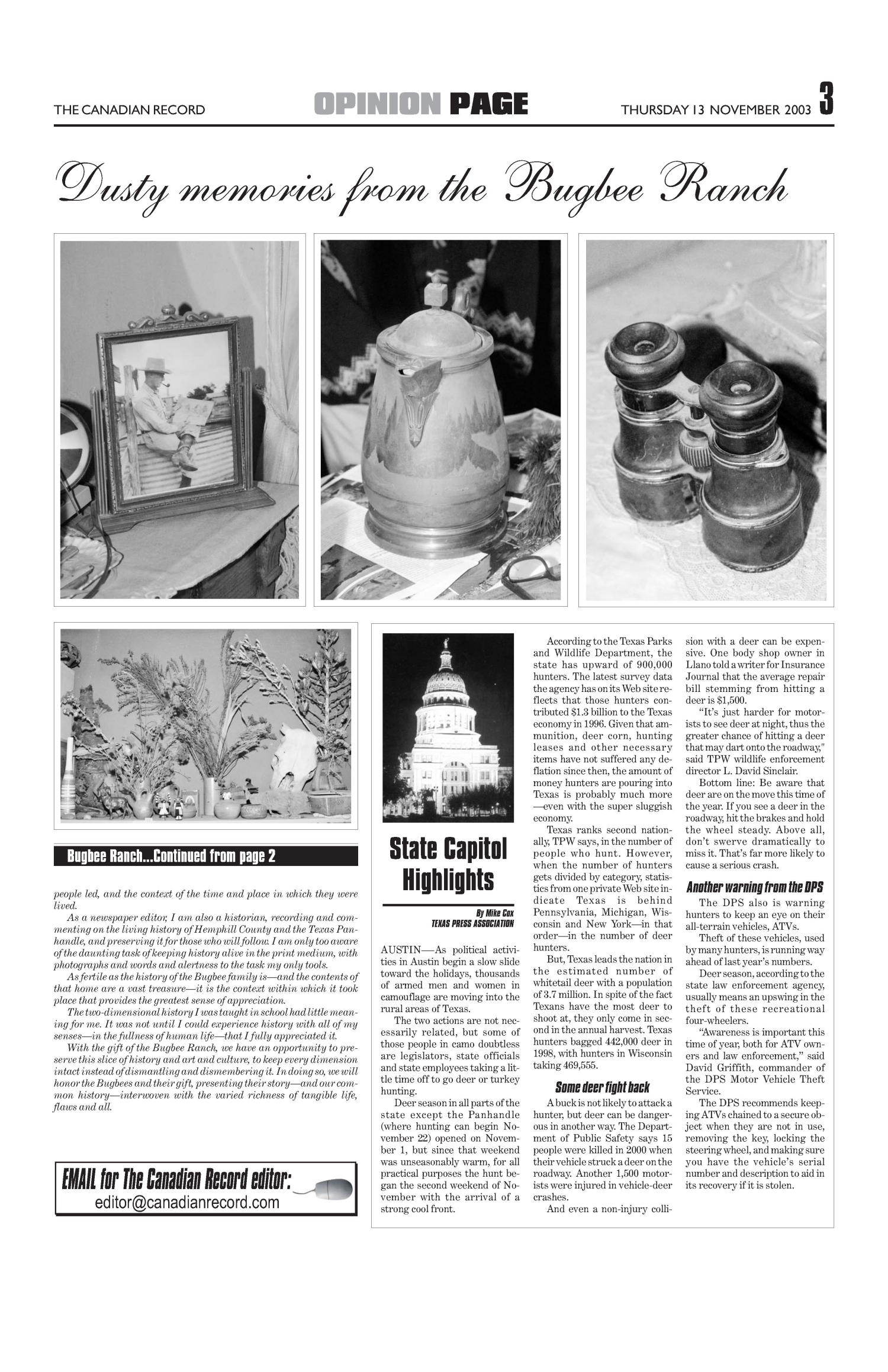 The Canadian Record (Canadian, Tex.), Vol. 113, No. 46, Ed. 1 Thursday, November 13, 2003
                                                
                                                    [Sequence #]: 3 of 28
                                                