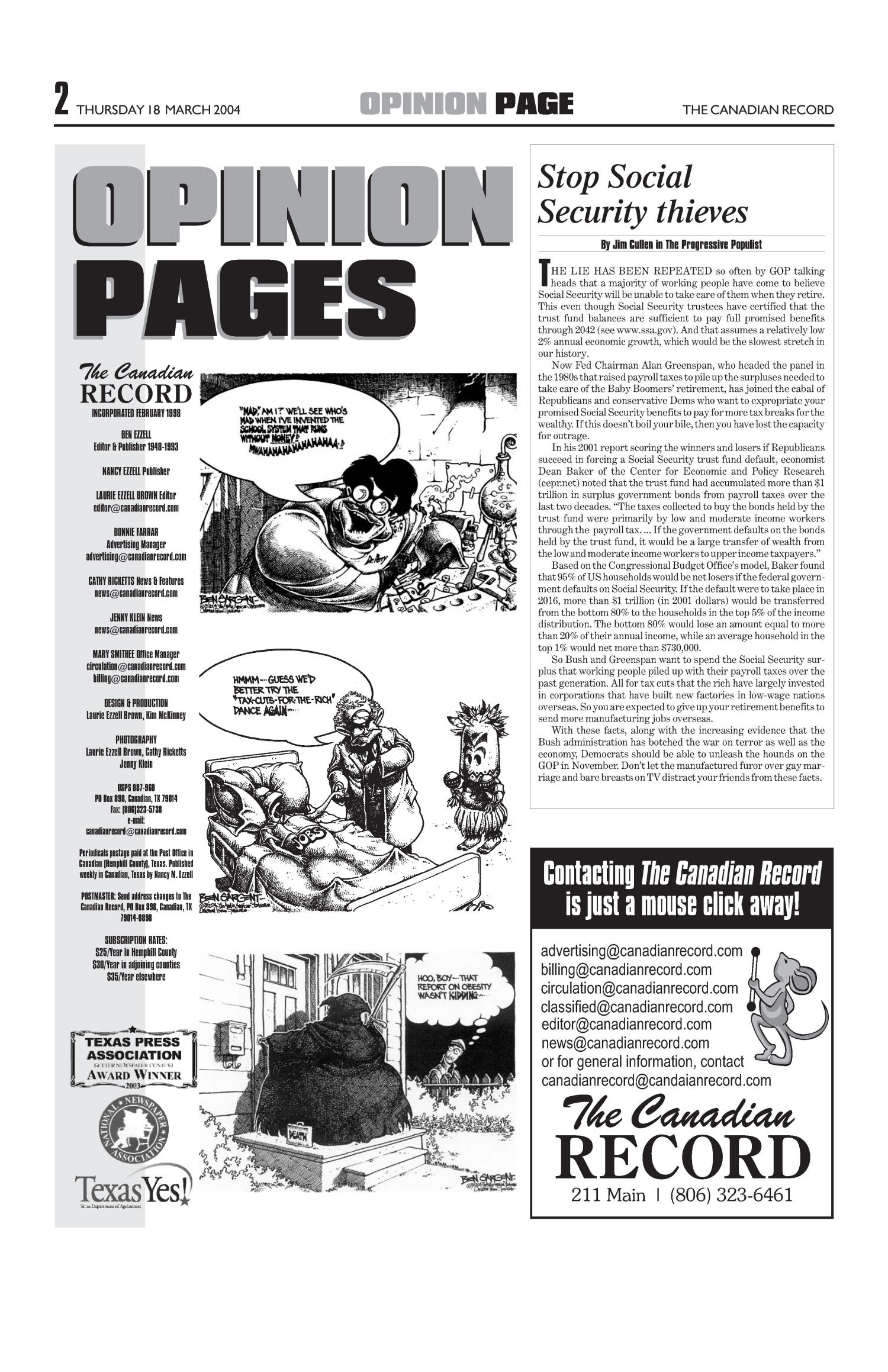 The Canadian Record (Canadian, Tex.), Vol. 114, No. 12, Ed. 1 Thursday, March 18, 2004
                                                
                                                    [Sequence #]: 2 of 32
                                                