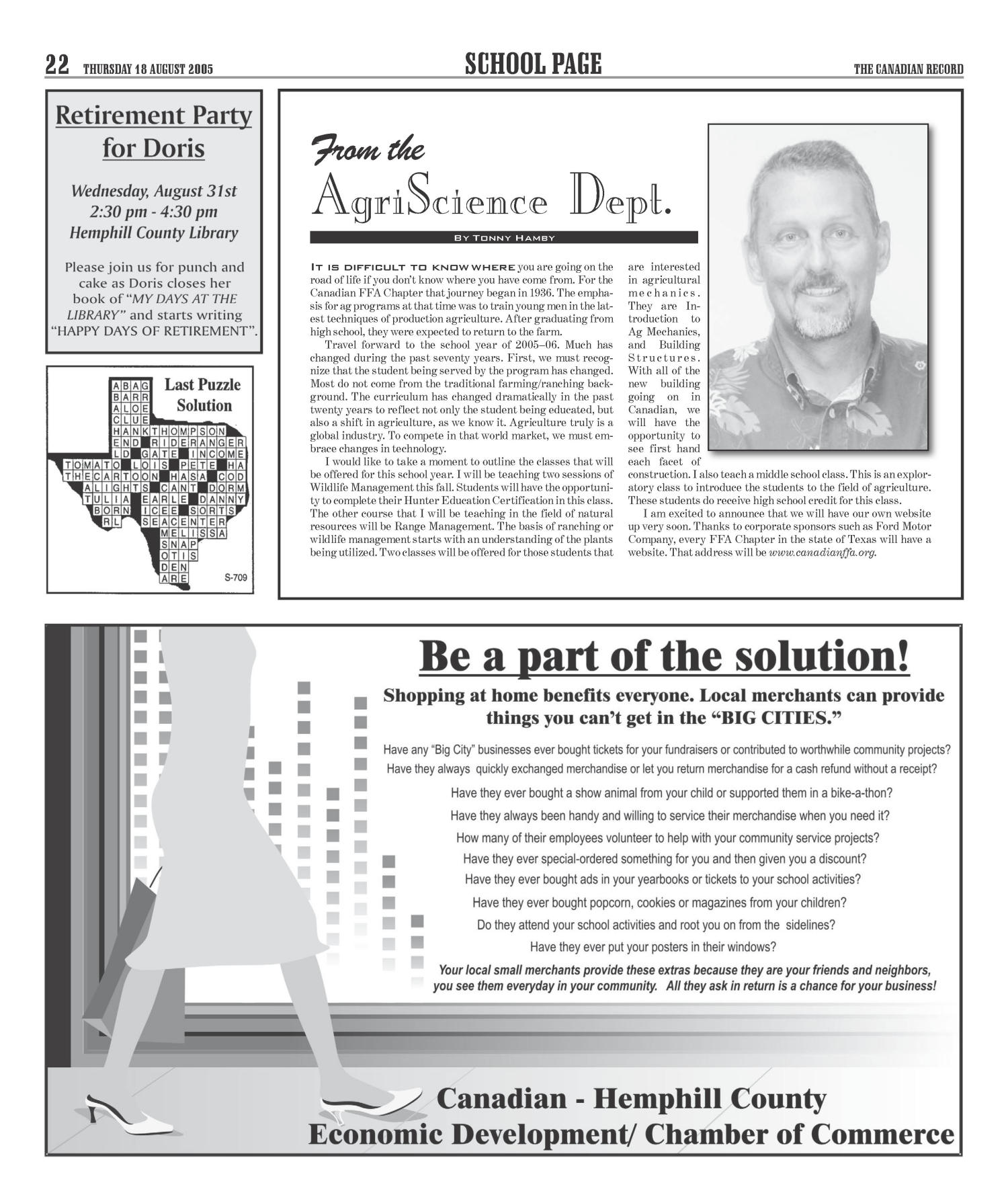 The Canadian Record (Canadian, Tex.), Vol. 115, No. 33, Ed. 1 Thursday, August 18, 2005
                                                
                                                    [Sequence #]: 22 of 40
                                                