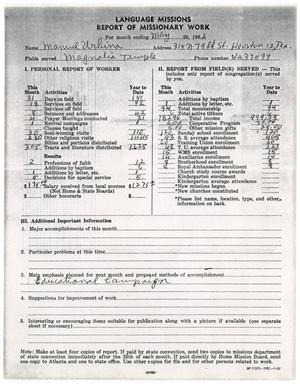 Primary view of object titled '[Language Missions Report of Missionary Work for Manuel Urbina for the month ending May 25, 1962]'.