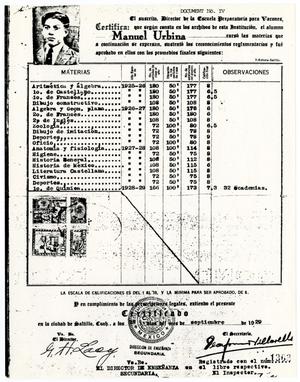 Primary view of object titled '[Transcript from Estado de Coahuila de Zaragoza Escuela Preparatoria para Varones for Manuel Urbina]'.