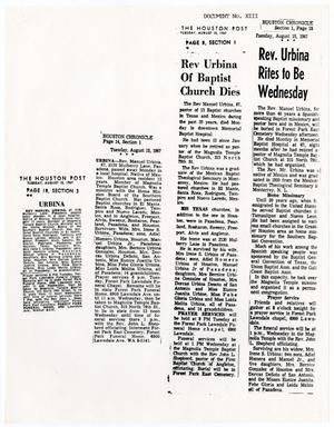 Primary view of object titled '[Obituaries for Manuel Urbina from Houston newspapers]'.