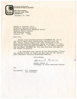 Primary view of object titled '[Letter from Manuel Urbina to Thomas H. Kreneck - 1986-11-17]'.