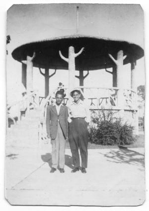 Primary view of object titled '[Two boys at the opening of Hidalgo Park]'.