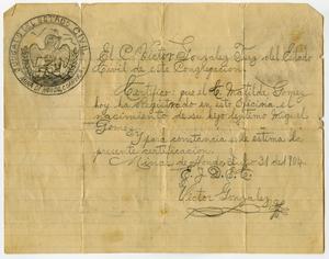 Primary view of object titled '[Birth certificate for Miguel Gomez]'.