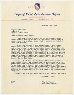 Primary view of object titled '[Letter from Toby P. Hernandez to Mayor Louis Welch - 1966-01-20]'.