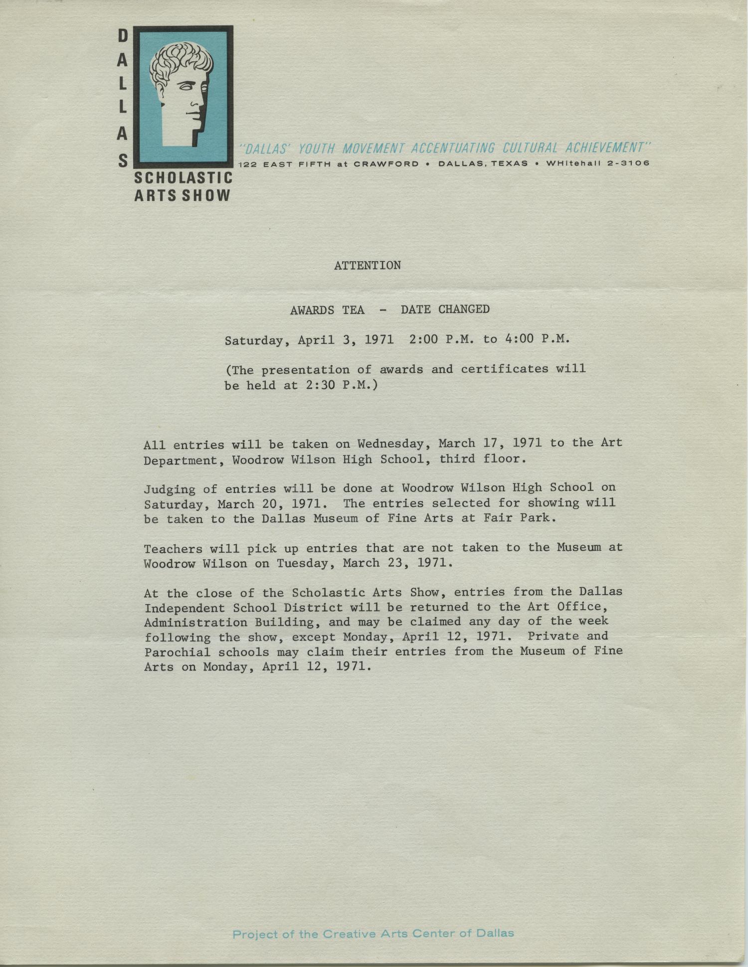 Awards Tea announcement [Scholastic Art Exhibition, 1971]
                                                
                                                    [Sequence #]: 1 of 1
                                                