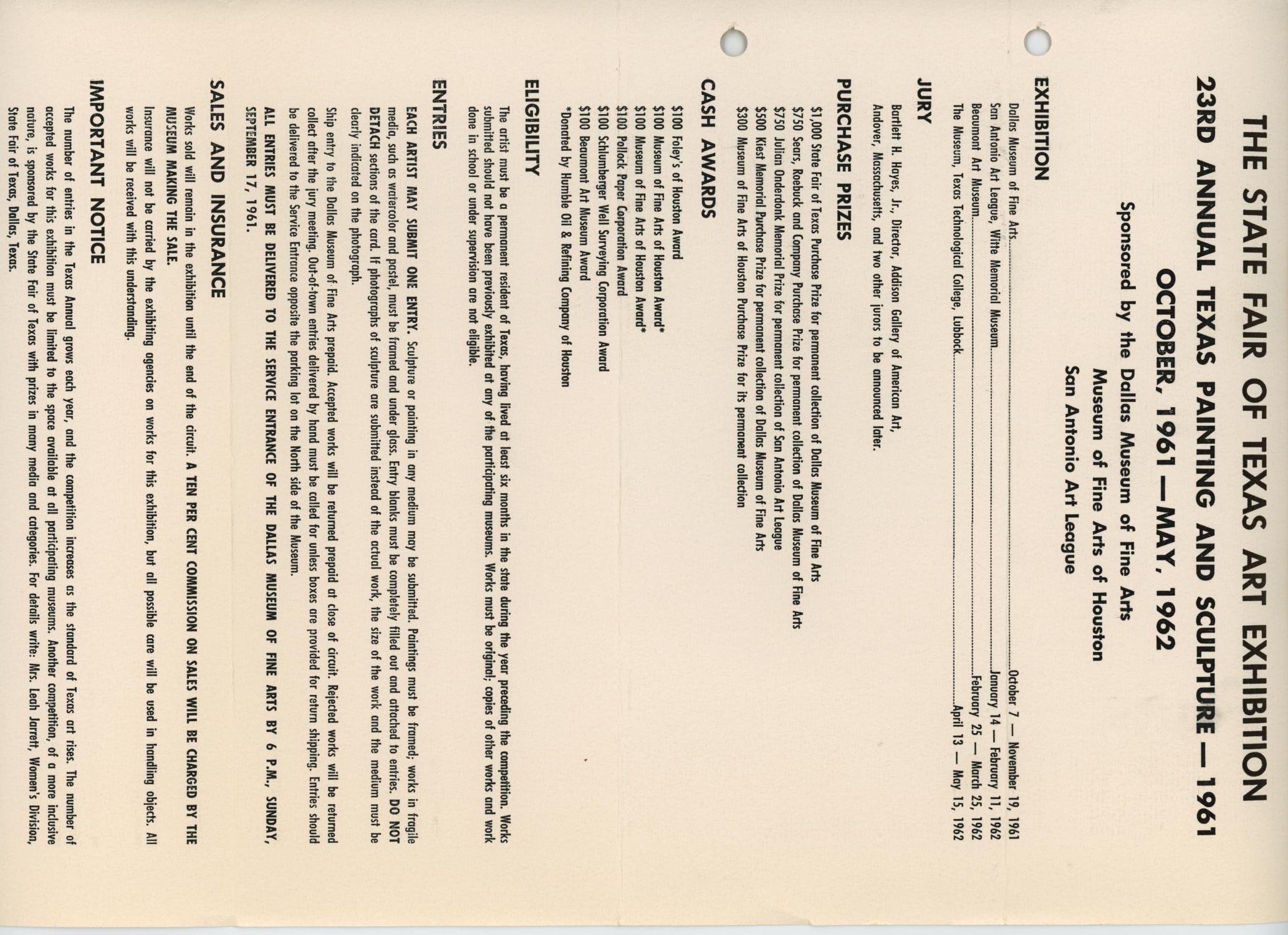 The State Fair of Texas Art Exhibition: 23rd Annual Texas Painting and Sculpture - 1961 [Fact Sheet]
                                                
                                                    [Sequence #]: 1 of 1
                                                