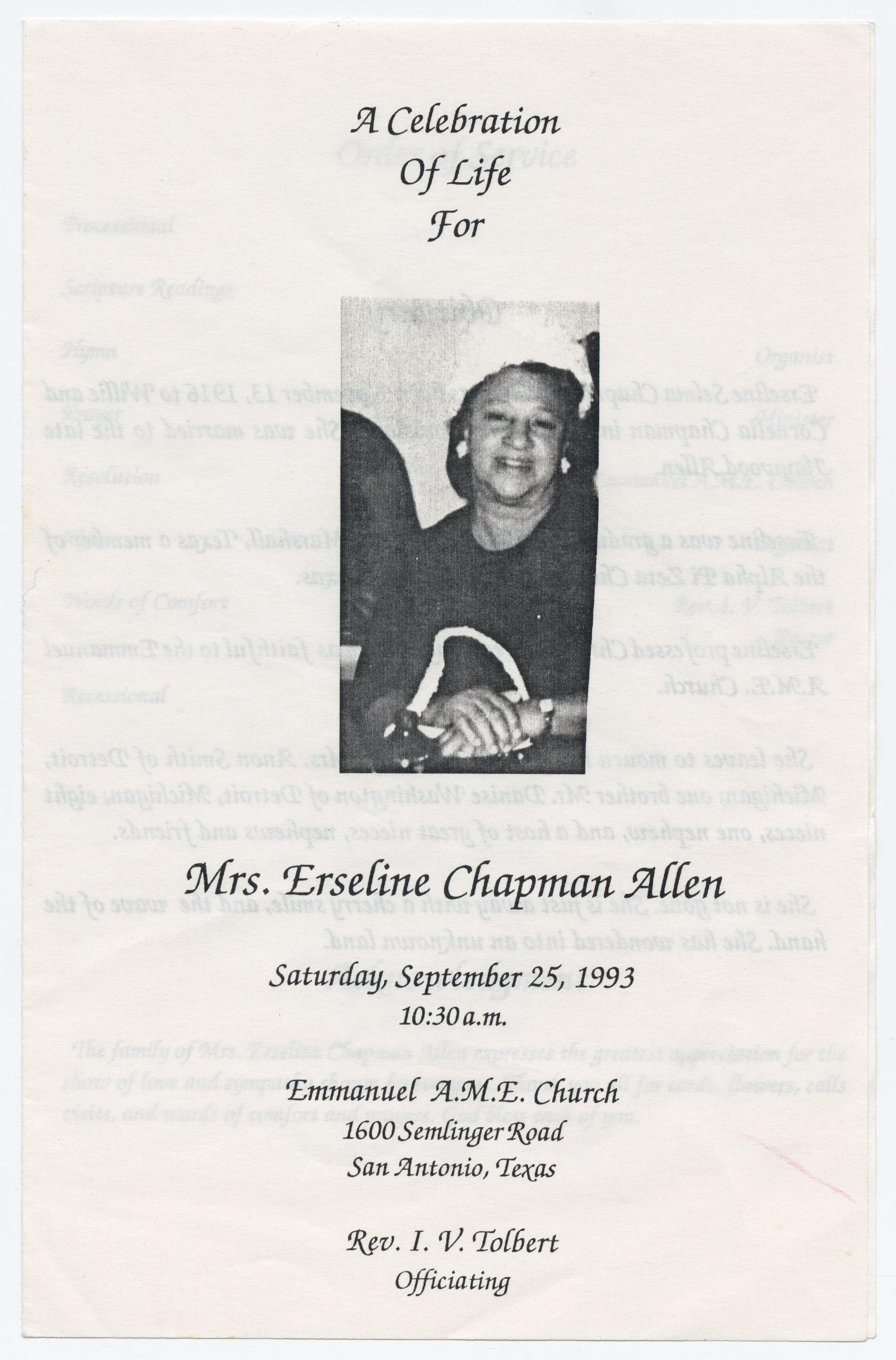 [Funeral Program for Erseline Chapman Allen, September 25, 1993]
                                                
                                                    [Sequence #]: 1 of 3
                                                
