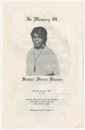 Primary view of object titled '[Funeral Program for Irene Bacon, April 20, 1981]'.