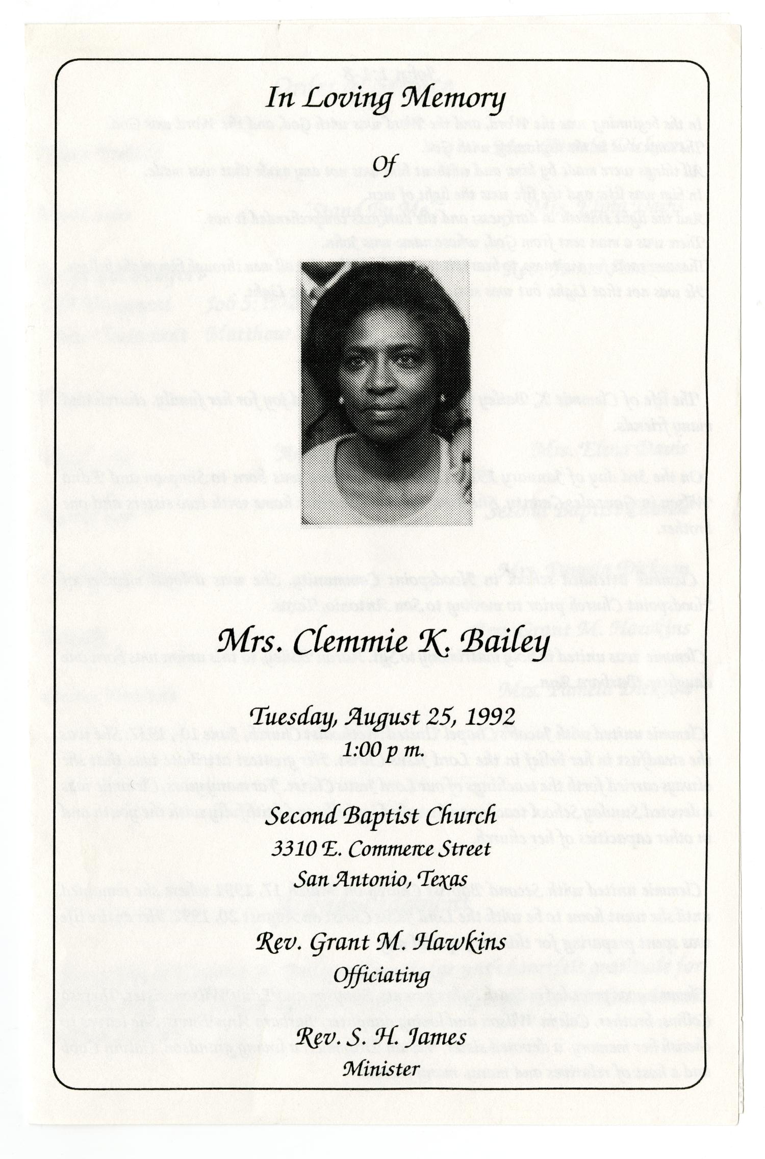 [Funeral Program for Clemmie K. Bailey, August 25, 1992]
                                                
                                                    [Sequence #]: 1 of 3
                                                