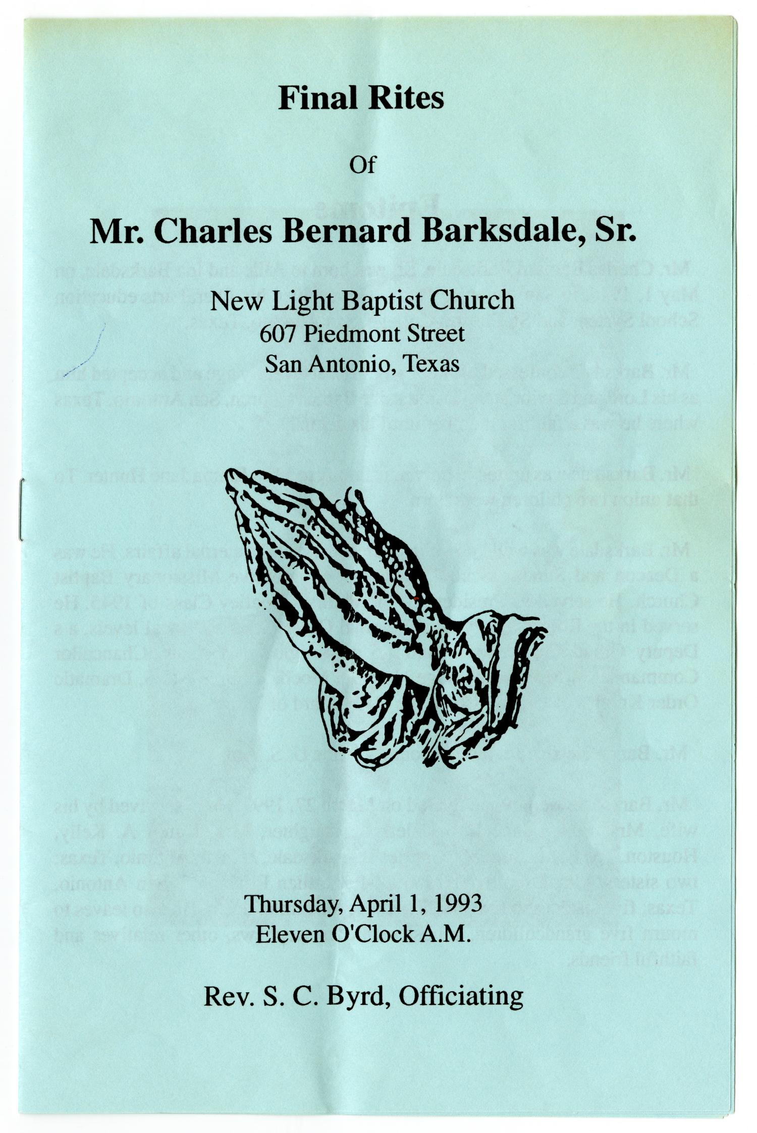 [Funeral Program for Charles Bernard Barksdale, Sr., April 1, 1993]
                                                
                                                    [Sequence #]: 1 of 5
                                                