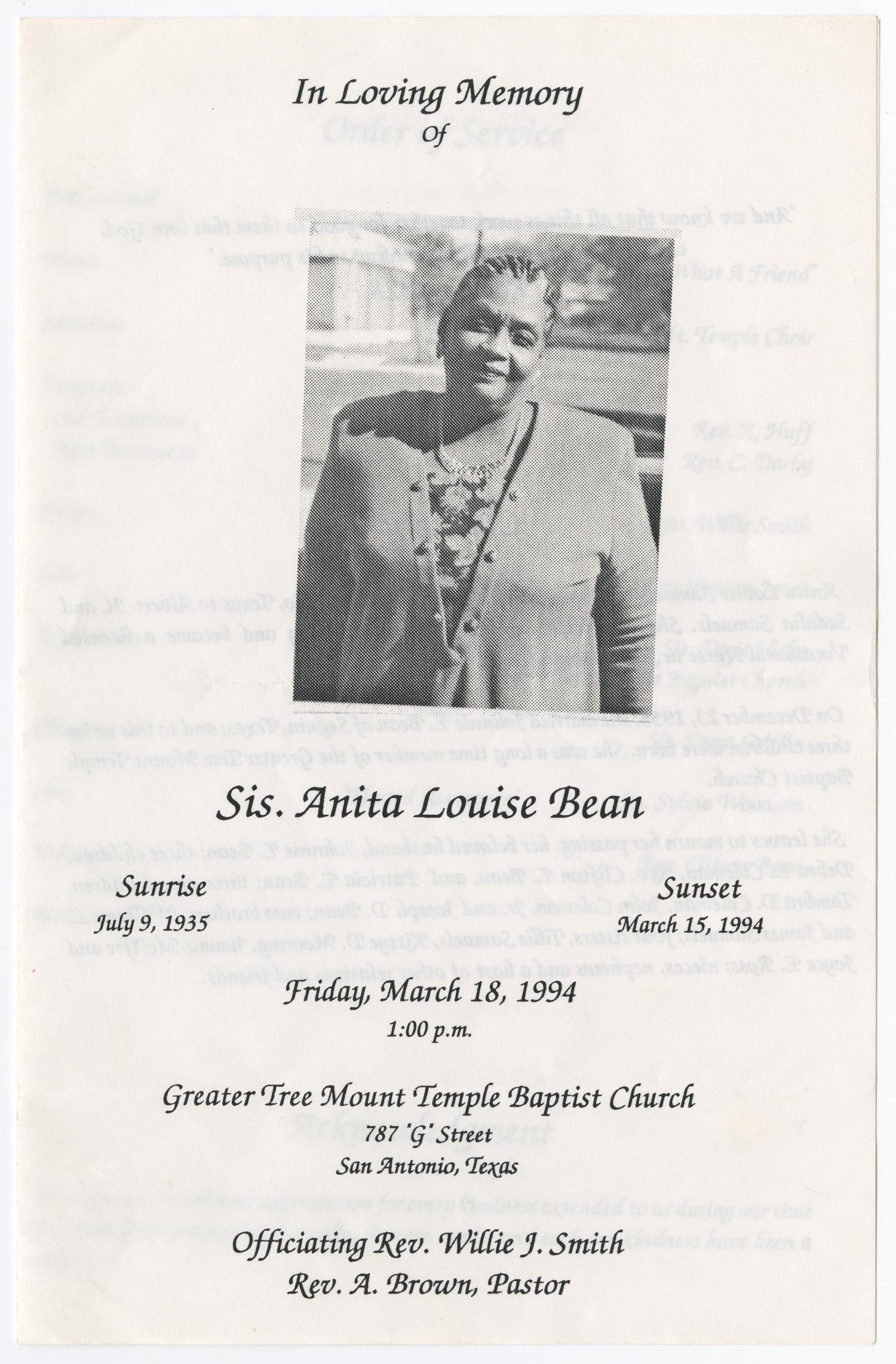 [Funeral Program for Anita Louise Bean, March 18, 1994]
                                                
                                                    [Sequence #]: 1 of 3
                                                